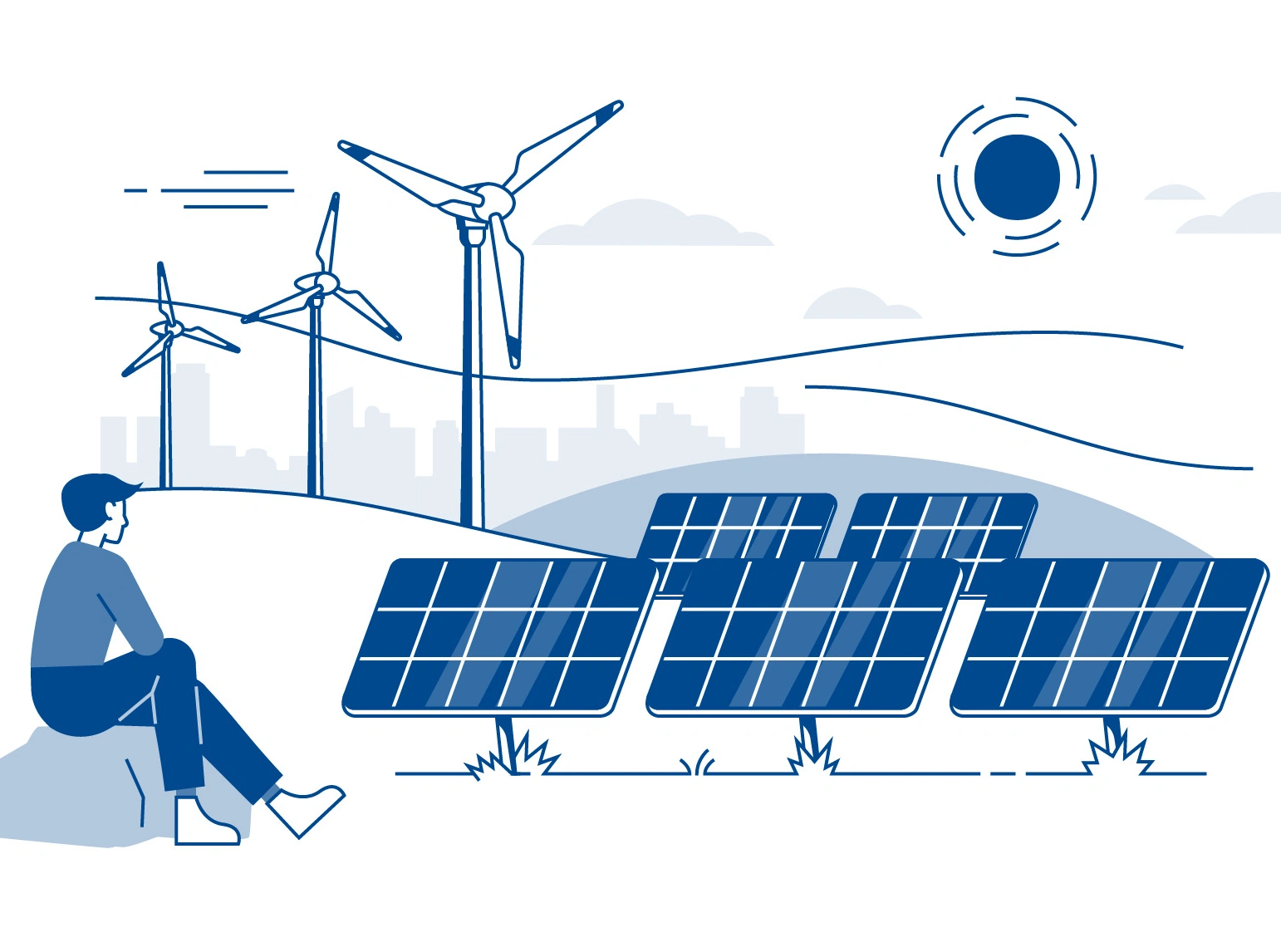 An illustration depicting a man sitting in front of solar panels, with wind turbines and the sun visible in the background. The graphic conveys the theme of renewable energy and sustainable technology.