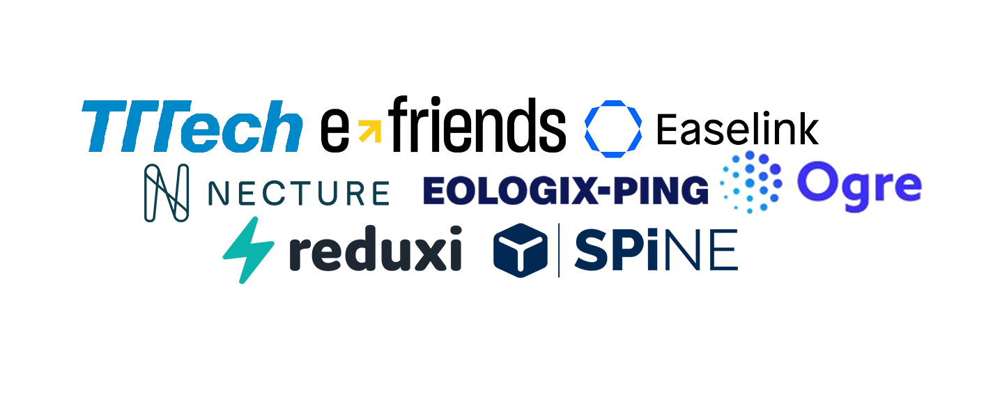 Logos of VerbundX partner companies, including TTTech, Necture, Eologix-PING, Esalink, Ogre, redux, and SPINE, offering innovative solutions in technology and sustainability.